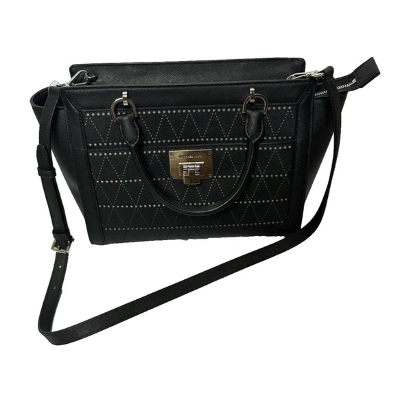 New Michael Kors Tina Saffiano Leather Small Satchel Messenger Bag Black - Picture 2 of 12